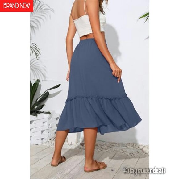 High Waist Tiered Midi Skirt with Pockets, Elastic Drawstring, Flowy Below Knee - Picture 3 of 8